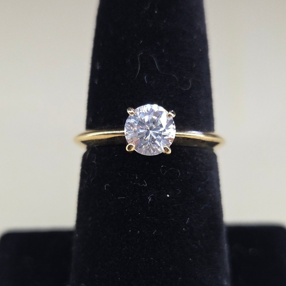 Gold Tone Round Cut Clear Stone Solitaire Engagement Promise Ring Size 7.5